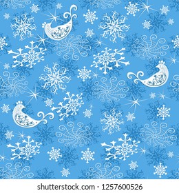 Abstract gentle blue Christmas pattern with snowflakes and birds, vector eps 8