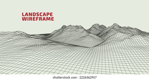 Abstract gentle hills in wireframe strokes. 3D grid technology illustration landscape. Digital Terrain Cyberspace in Mountains with valleys. Ultra Wide Size. Black on Gray. Vector