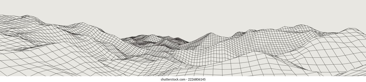 Abstract gentle hills in wireframe strokes. 3D grid technology illustration landscape. Digital Terrain Cyberspace in Mountains with valleys. Ultra Wide Size. Black on Gray. Vector