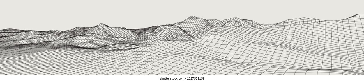 Abstract gentle hills in wireframe strokes. 3D grid technology illustration landscape. Digital Terrain Cyberspace in Mountains with valleys. Ultra Wide Size. Black on Gray. Vector
