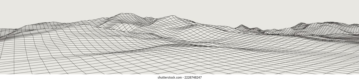 Resumen de suaves colinas en pinceladas de mallas. paisaje de ilustración de tecnología de cuadrícula 3D. Ciberespacio Digital Terrain en Montañas con valles. De Tamaño Ultra Grande. Negro sobre gris. Vector