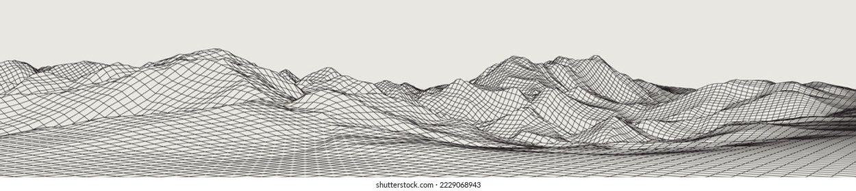 Abstract gentle hills in wireframe strokes. 3D grid technology illustration landscape. Digital Terrain Cyberspace in Mountains with valleys. Ultra Wide Size. Black on Gray. Vector