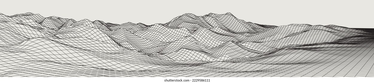 Abstract gentle hills in wireframe strokes. 3D grid technology illustration landscape. Digital Terrain Cyberspace in Mountains with valleys. Ultra Wide Size. Black on Gray. Vector