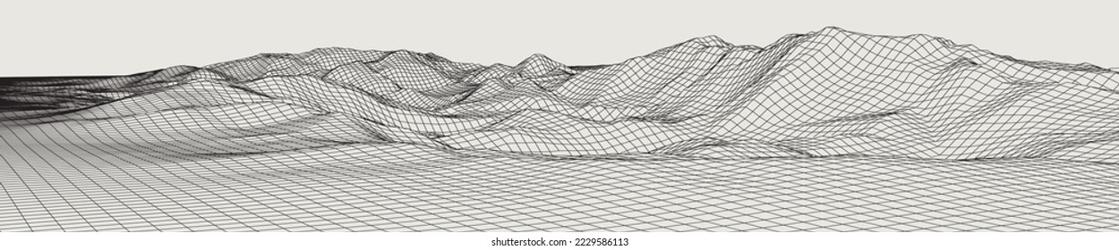 Resumen de suaves colinas en pinceladas de mallas. paisaje de ilustración de tecnología de cuadrícula 3D. Ciberespacio Digital Terrain en Montañas con valles. De Tamaño Ultra Grande. Negro sobre gris. Vector