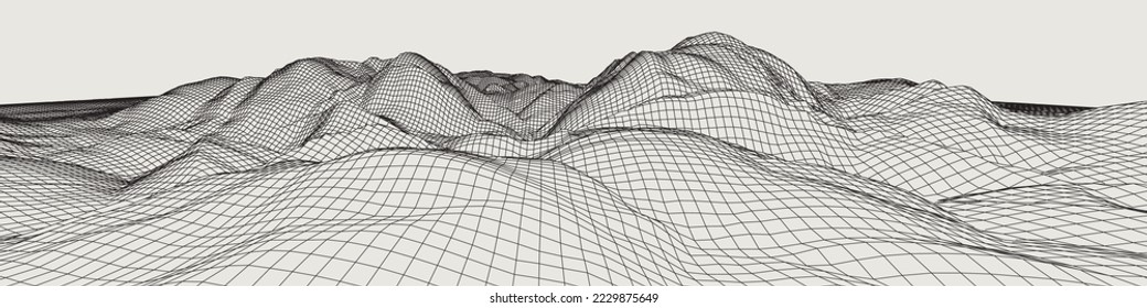 Abstract gentle hills in wireframe strokes. 3D grid technology illustration landscape. Digital Terrain Cyberspace in Mountains with valleys. Ultra Wide Size. Black on Gray. Vector