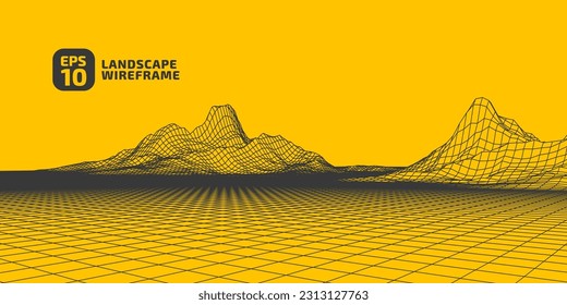 Resumen de suaves colinas en pinceladas de mallas. paisaje de ilustración de tecnología de cuadrícula 3D. Ciberespacio Digital Terrain en Montañas con valles. Gran tamaño. Negro sobre amarillo. Vector