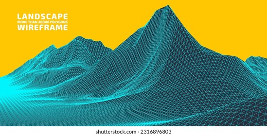 Abstrakte sanfte Hügel in Wireframe Strichen. 3D-Rastertechnik-Illustrationslandschaft. Digitales Terrain Cyberspace in Bergen mit Tälern. Große Größe. Blau auf Gelb. Vektorgrafik