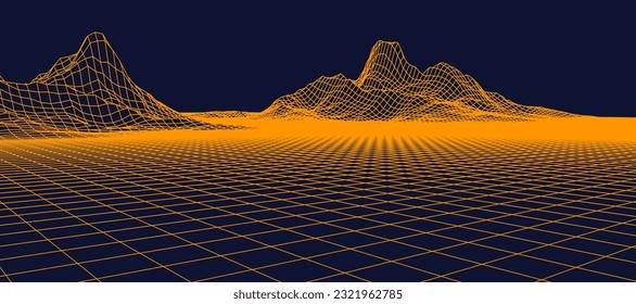 Abstract gentle hills in wireframe strokes. 3D grid technology illustration landscape. Digital Terrain Cyberspace in Mountains with valleys. Wide Size. Yellow on Blue. Vector