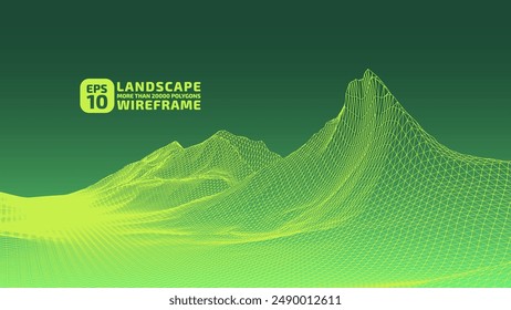 Abstract gentle hills in wireframe strokes. Landscape illustration of 3D mesh technology. Cyberspace digital terrain in mountains with valleys. Wide size canvas. Yellow on green colors. Vector
