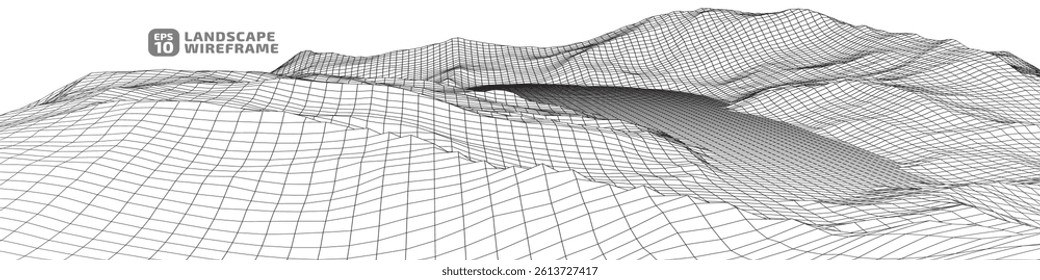 Abstract gentle hills in wireframe strokes. 3D grid technology illustration landscape. Digital Terrain Cyberspace in Mountains with valleys. Ultra Wide Size. Black on Gray. Vector Illustration.
