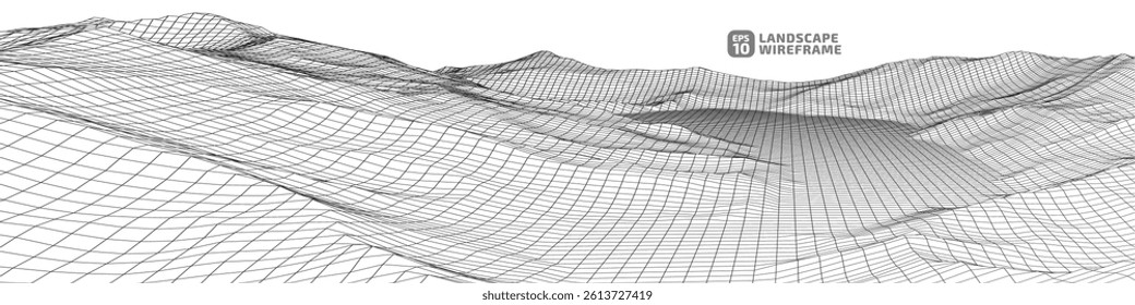 Abstract gentle hills in wireframe strokes. 3D grid technology illustration landscape. Digital Terrain Cyberspace in Mountains with valleys. Ultra Wide Size. Black on Gray. Vector Illustration.