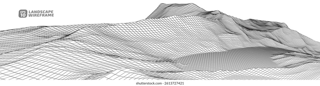 Abstract gentle hills in wireframe strokes. 3D grid technology illustration landscape. Digital Terrain Cyberspace in Mountains with valleys. Ultra Wide Size. Black on Gray. Vector Illustration.