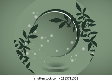 Abstract gentle magical sage green background in pastel colors, fireflies. Cosmetic product presentation stage, podium, 3D rendering. Vector illustration.