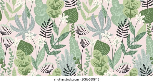 Abstract gentle seamless pattern with leaves, flowers and grass. Modern exotic design for paper, cover, fabric, interior decor and other use.