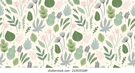 Abstract gentle seamless pattern with leaves, flowers and grass. Modern exotic design for paper, cover, fabric, interior decor and other use.