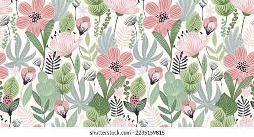 Abstract gentle seamless pattern with leaves, flowers and grass. Modern exotic design for paper, cover, fabric, interior decor and other use.