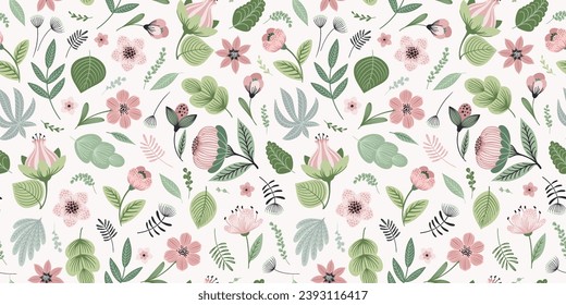 Abstract gentle seamless pattern with leaves, flowers and grass. Modern exotic design for paper, cover, fabric, interior decor and other use.