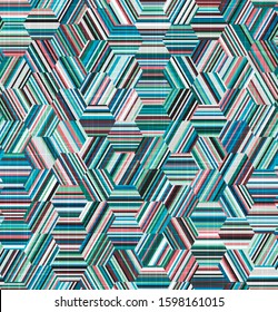 Abstract Geoemtric Seamless Pattern Teal cyan hexagon tiling geo graphic motif with linen fabric texture overlay. Spliced stripes in tiles. Repeat vector swatch.