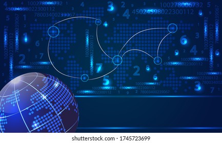 Abstrakter geografischer Vektor digitaler Geschäftsvektor Hintergrund mit globalem Bild, Weltkarte und Zahlen. Vector Grafik auf einem geometrisch dunkelblauen Hintergrund.