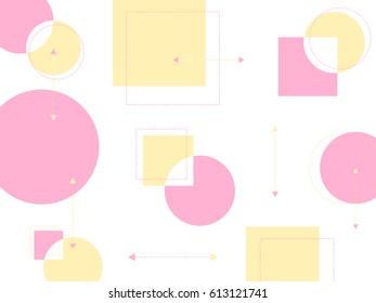 Abstract geomatric graphic background, circle, square and dash line arrow in pastel pink and yellow color
