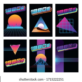 Abstract Geomentric Poster, Cover Templates from the 1980s, Neon Gradients, Glow Lights, Triangles, Grid, Sun