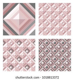 Abstract geomeric background in blush pink colors. Millennial pink rose gold, crystal texture. Seamless vector pattern. 3D surface background.