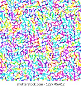 Abstract geometic background, festive pattern with different hand-drawn doodle shapes. Bright and vivid colors of 80s, 90s neon style. Seamless vector pattern.