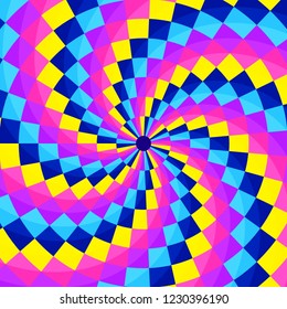 Abstract geometic background, festive pattern with different shapes in spiral. Bright and vivid colors of 80s, 90s neon style. Vector illustration for parties and posters.