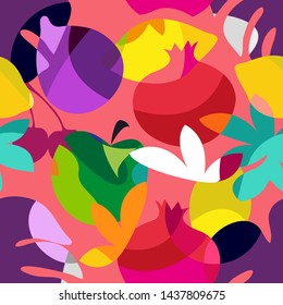 Abstract geometic tropical painting. Seamless vector pattern with exotic fruits and flowers. Summer swimwear textile collection. On pink background.