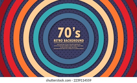 Resumen del fondo geométrico de los años 70 con colores retro y elementos de círculos. Diseño de estilo retro futurista. Ilustración vectorial.