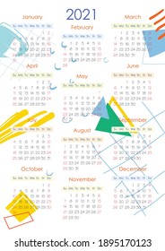 Abstract geometric 2021 calendar template illustration. Poster for a3, a4, a5 sizes.vector