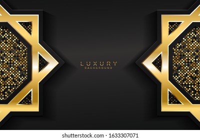 Abstract geometric 3d background with realistic gold effect. Vector geometric illustration of golden shape with golden halftone dots. Graphic design element. Luxury decoration
