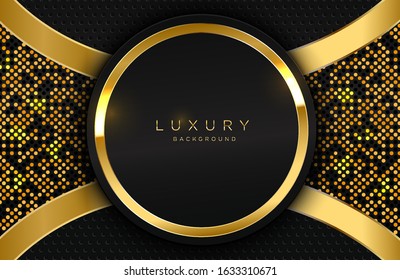 Abstract geometric 3d background with realistic gold effect. Vector geometric illustration of golden shape with golden halftone dots. Graphic design element. Luxury decoration