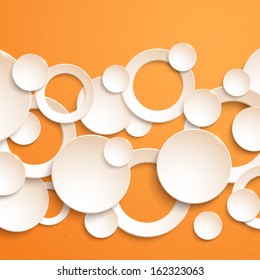 The abstract geometric 3D background. White paper circles and rings on an orange background. Design elements. Vector illustration.