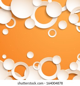The abstract geometric 3D background. White paper circles and rings on an orange background. Design elements. Vector illustration.