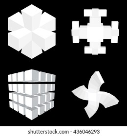Abstract geometric 3d object set.Isolated on black background.Vector illustration.
