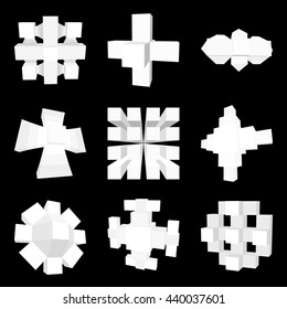 Abstract geometric 3d object set.Isolated on black background.Vector illustration.