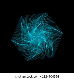 Abstract geometric 3D shape of lines. Isolated on black background. Vector outline illustration.