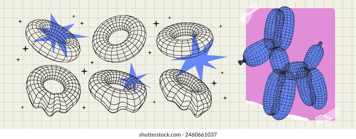 Abstract Geometric 3D shapes.Wireframe elements in trendy futuristic style with a grainy stippling effect. Brutal form - torus and dog balloon. Vector modern dots illustration. Brutalism Y2K graphic.