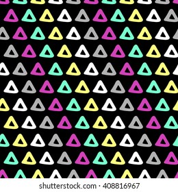 Abstract geometric 90s fashion style seamless pattern. Vector illustration. Dark triangular background for print, fabric, textiles, packaging, wrapping design
