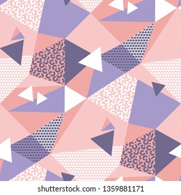 Abstract geometric 90s vibes seamless pattern in pale violet and pink colors. Splits and mosaic repeatable motif for surface design, wrapping paper, web and print.