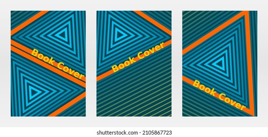 Abstract geometric A4 printable flyer cover design with triangles. Title sheet, book front page. Triangular linear deep space illusion. Blue, orange, yellow tones gradients. 