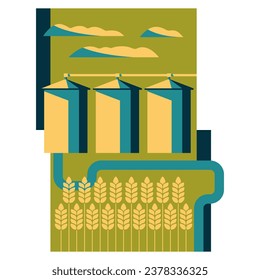 Abstract geometric agricultural rural landscape with silo towers for grains or oils.

Handmade vector image, without any AI tools.