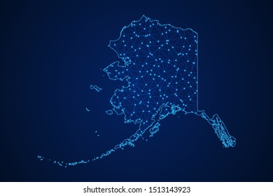 Abstract geometric of Alaska map polygonal line, structure and point scales on blue dark background with lights and dots. Vector illustration eps 10.