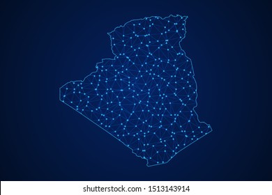 Abstract geometric of Algeria map polygonal line, structure and point scales on blue dark background with lights and dots. Vector illustration eps 10.