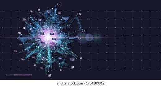 Resumen gráfico analítico geométrico con líneas y puntos conectados en la oscuridad. Ilustración vectorial. Cartel para la ciencia y el diseño tecnológico. Grandes datos. 