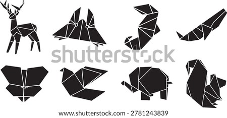 Abstract geometric animal illustrations set, showcasing stylized wildlife figures in a modern, origami-inspired polygonal art style, perfect for contemporary design.