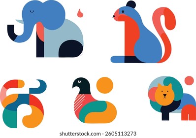 Abstract Geometric Animals: Elephant, Squirrel, Bird, Lion