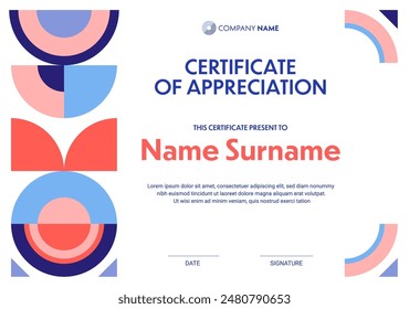 Abstract geometric appreciation certificate template, retro background of minimal graphic pattern. Vector business certificate, diploma or achievement award horizontal layout with geometric border