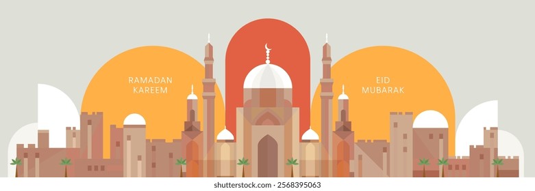 Abstract geometric arabic old city with mosque in modern geometric style. Creative minimalistic background for festive banner, flyer, card. Ramadan Kareem vector illustration.